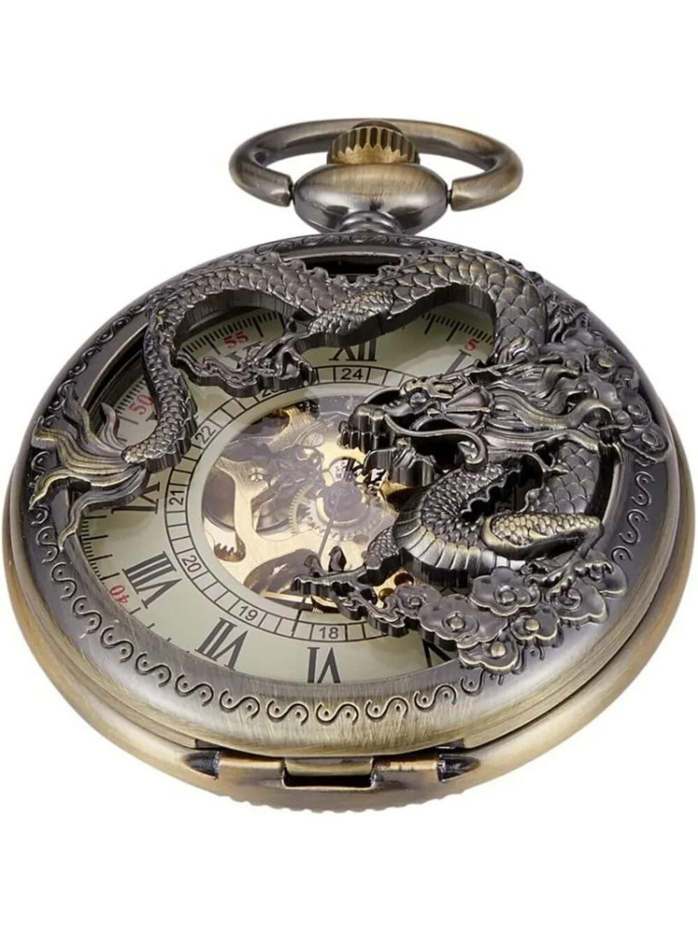 Men's Black Bronze Dragon Skeleton Roman Numerals Hollow Mechanical Pocket Watch